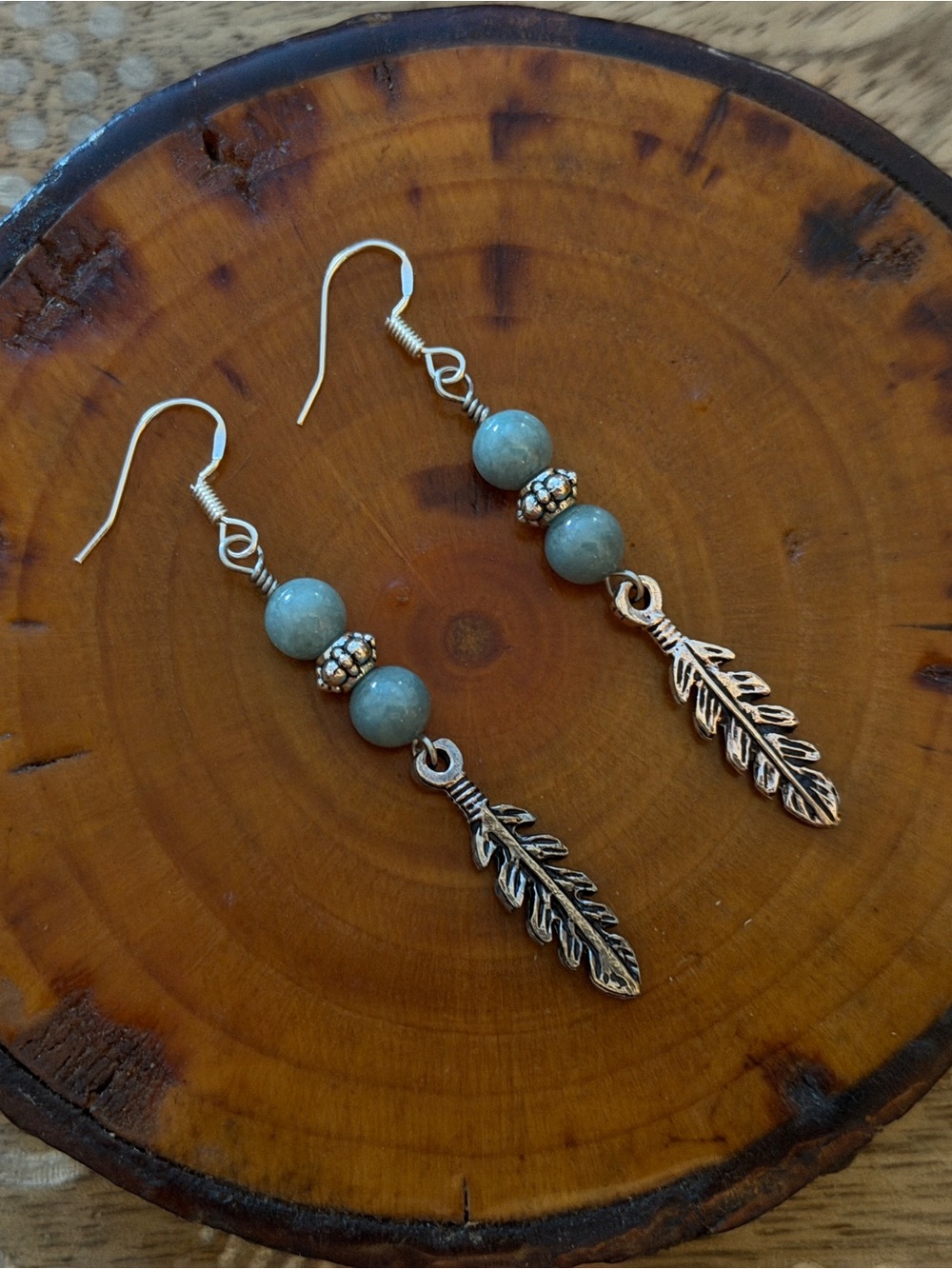 New Boho Burmese Jade Whimsical Feather Dangle Earrings